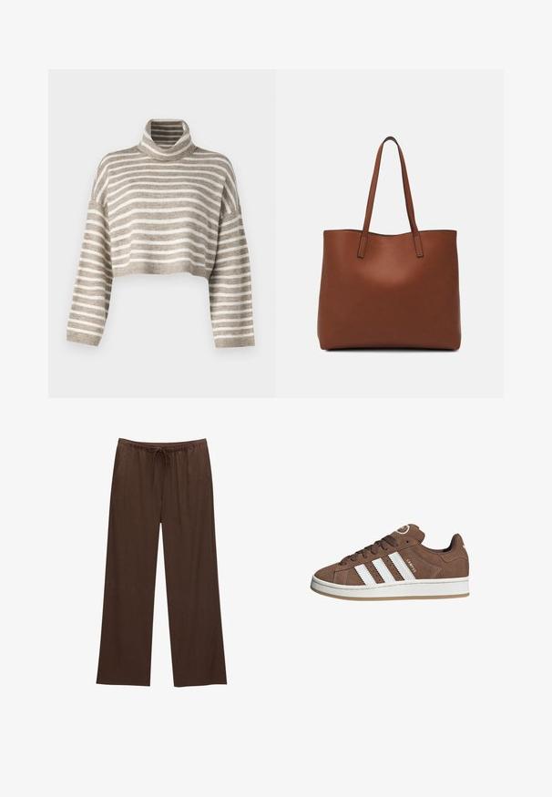 Ingekorte coltrui in lichtbruin met crèmekleurige strepen. Gemaakt van zacht materiaal, met wijde mouwen en geribbelde manchetten.; Bruine wijde broek gemaakt van zachte stof, met een elastische tailleband en een trekkoord, en twee zijzakken.; Bruine suède sneaker met witte leren strepen, rubberen zool, ronde neus en vetersluiting. Kenmerkt zich door een logo op de tong en geperforeerde accenten.; Bruine leren tote bag met een gladde textuur, een ontwerp met een open bovenkant en twee schouderbanden. Kenmerkt zich door minimale stiksels en geen zichtbare hardware.