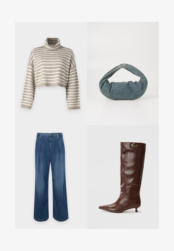 Pull à col roulé cintré en rayures marron clair et crème. Fabriqué dans un matériau doux, avec des manches larges et des poignets côtelés.; Pantalon en denim à jambes larges dans un bleu moyen. Il dispose d'une fermeture à bouton, de deux plis à l'avant et de coutures contrastantes. Texture douce et finition lisse.; Bottes en cuir marron avec motif crocodile, montantes jusqu'au genou, à bout pointu et petit talon carré. Présente un accent doré en forme de diamant.; Sac en denim bleu avec une forme arrondie et rembourrée et une poignée courbée. La texture est douce, avec des coutures visibles et une finition lisse.