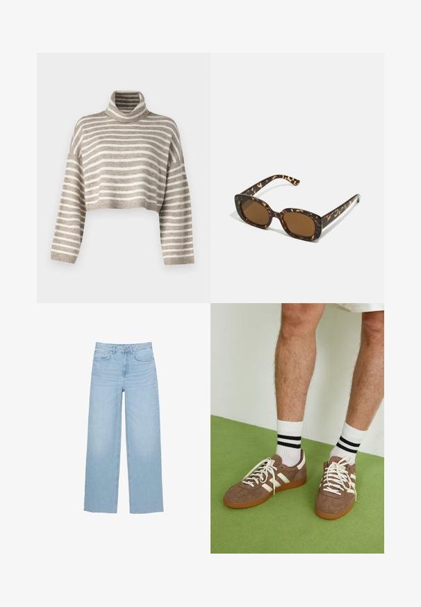 Pull à col roulé cintré en rayures marron clair et crème. Fabriqué dans un matériau doux, avec des manches larges et des poignets côtelés.; Jean large bleu clair en denim, avec une taille haute, coupe droite et un design à cinq poches avec un ourlet net.; Baskets en daim marron avec des accents et des lacets blancs. Semelle en caoutchouc gomme. Portées avec des chaussettes blanches à rayures noires. Sol texturé vert.; Lunettes de soleil en écaille de tortue avec une monture ronde et épaisse et des verres marron. Présente des motifs subtils et des branches droites et effilées.; Zign LEATHER - Cabas - light brown