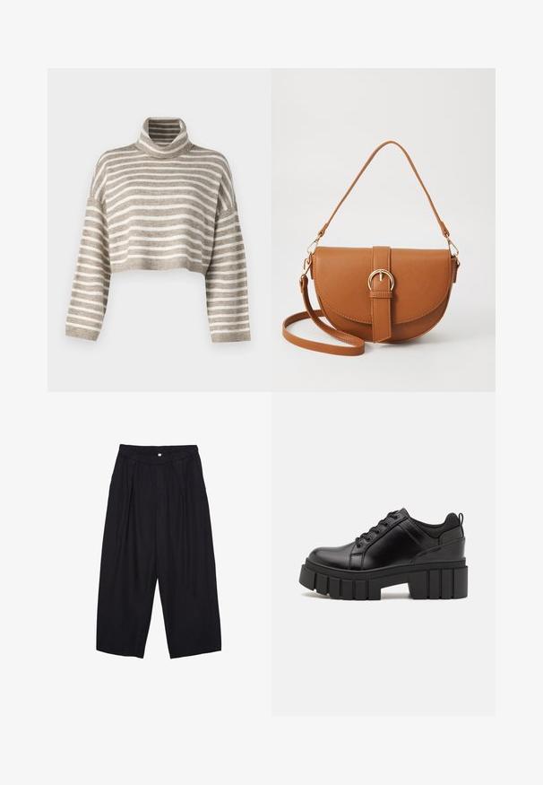 Maglione a collo alto tagliato, a strisce marrone chiaro e crema. Realizzato in materiale morbido, presenta maniche ampie e polsini a costine.; Pantaloni culotte neri in poliestere con una cintura elastica, due pieghe frontali e una silhouette ampia. Nessun motivo visibile o dettagli in metallo.; Scarpe platform in pelle nera con tacco a blocco robusto, punta rotonda e design tradizionale con lacci. Presentano una superficie liscia e dettagli minimi.; Borsa a tracolla in pelle marrone con forma curvata, hardware dorato e un dettaglio con fibbia. Presenta una tracolla rimovibile.