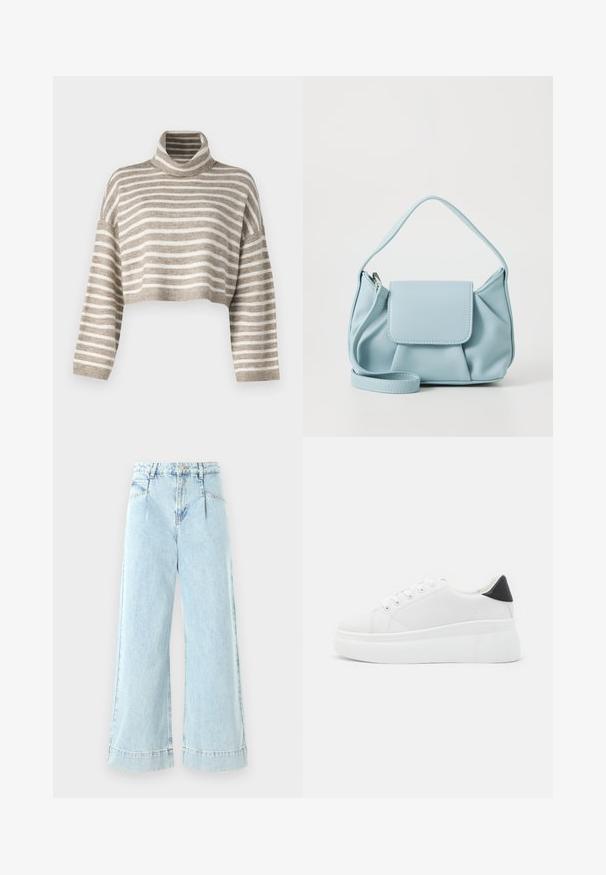 Pull à col roulé cintré en rayures marron clair et crème. Fabriqué dans un matériau doux, avec des manches larges et des poignets côtelés.; Jeans larges en denim bleu clair, avec une taille haute, des poches avant et des accents cousus à l'ourlet.; Baskets plates blanches en matériau synthétique lisse, avec un bout arrondi, un design à lacets et une semelle en caoutchouc texturé. Accent de talon noir.; Sac à main en cuir bleu clair avec une anse supérieure, poche à rabat avant et bandoulière amovible sur fond blanc.