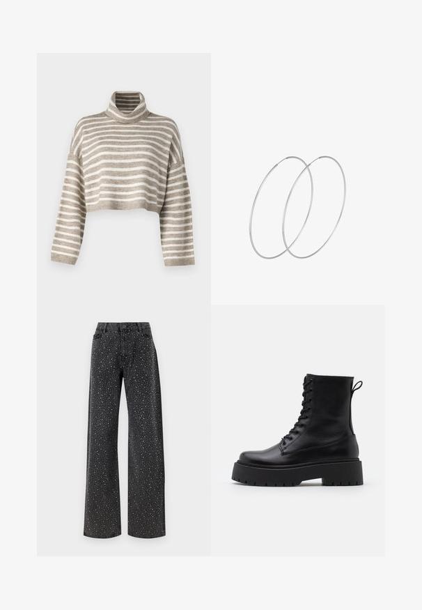 Pull à col roulé cintré en rayures marron clair et crème. Fabriqué dans un matériau doux, avec des manches larges et des poignets côtelés.; Noisy May NMJANNEL LOOSE - Jean boyfriend - black denim; Bottines en cuir noir avec un bout rond, un laçage à l'avant et une épaisse semelle en caoutchouc dotée d'un motif texturé. Tirer au dos.; Boucles d'oreilles en argent au design minimaliste. Forme circulaire, texture lisse et profil fin. Légères avec une finition polie.