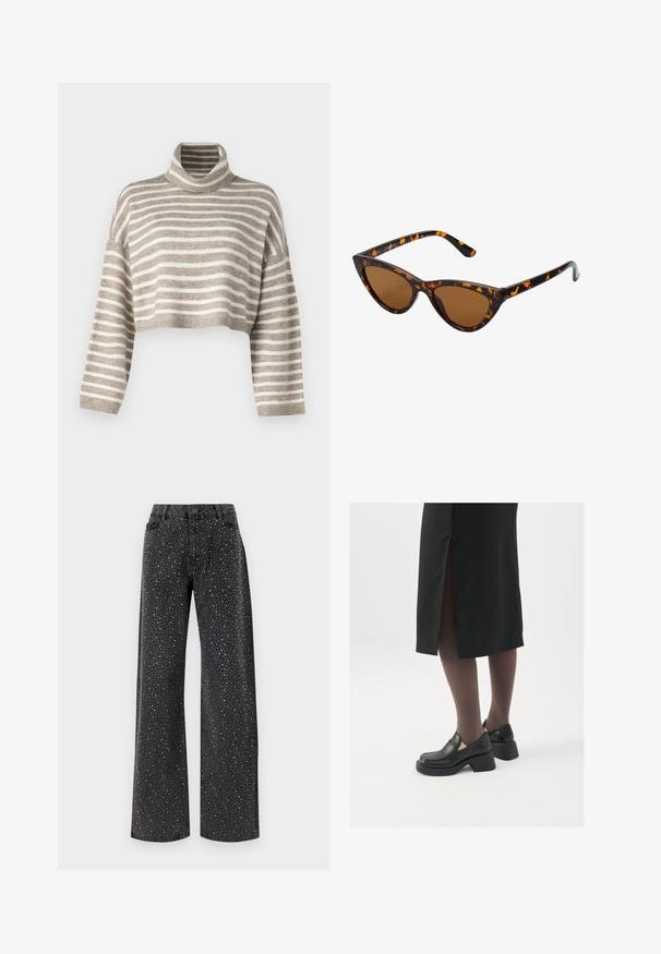Krajša turtleneck pulover v svetlo rjavi in kremastih šurah. Narejen iz mehkega materiala, z širokimi rokavi in rebrastimi manšetami.; Noisy May NMJANNEL LOOSE - Široke kavbojke - black denim; Črne usnjene čevlje s zaobljenim prstom, debelim blokastim petama in elastičnimi stranskimi detajli, v kombinaciji s temno nogavicami in črno krilo z razporkom.; Mačje oči sončna očala z okvirom v črno-oranžni želvej ohišji, rjavimi lečami in elegantnimi, ostrimi konicami. Imajo minimalistični logo na ročaju.; Srebrne uhane v obliki obroča z minimalističnim dizajnom. Krožna oblika, gladka tekstura in tanek profil. Lahki s poliranim zaključkom.