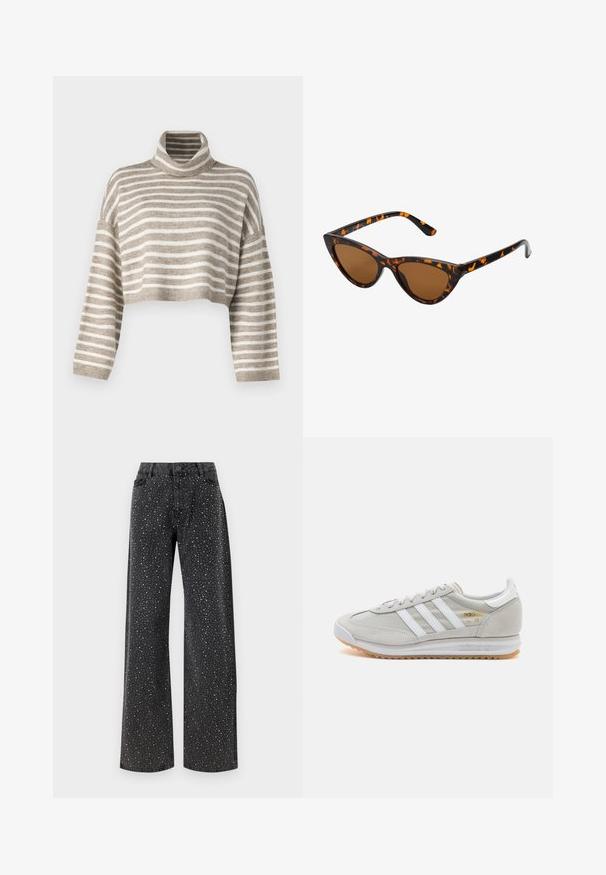 Cropped turtleneck sweater in light brown and cream stripes. Made of soft material, featuring wide sleeves and ribbed cuffs.; Noisy May NMJANNEL LOOSE - Relaxed fit jeans - black denim; Light grey sneaker made of suede and mesh, featuring three white stripes, round toe, and a gum rubber sole. Gold logo accent near laces.; Cat-eye sunglasses with a black and orange tortoiseshell frame, brown lenses, and sleek, pointed tips. Features a minimal logo on the temple.; Silver hoop earrings with a minimalist design. Circular shape, smooth texture, and thin profile. Lightweight with a polished finish.