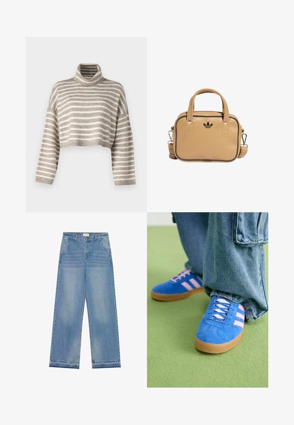 Cropped turtleneck sweater in light brown and cream stripes. Made of soft material, featuring wide sleeves and ribbed cuffs.; Light blue high-waist wide-leg jeans with a button closure, front pockets, belt loops, and subtle faded detailing.; Blue suede shoes with pink stripes and white laces, featuring a gum rubber sole, paired with loose denim pants on a green surface.; Tan vegan leather bag with two handles, detachable shoulder strap, black accent stitching, and a small black logo on the front.