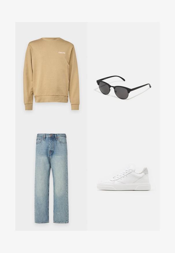 Beige sweatshirt with ribbed crew neck and cuffs, featuring subtle "Club1990" text in white on the left chest area. Smooth texture.; Light blue denim jeans with a straight leg design, five pockets, and bronze hardware. Minimal fading with a clean finish.; White leather sneakers with a smooth finish, rounded toe, flat laces, and a textured sole. Grey suede accent at the heel.; Black sunglasses with round lenses, matte finish, and distinctive cat-eye shape. Slim arms with subtle branding on the left temple.