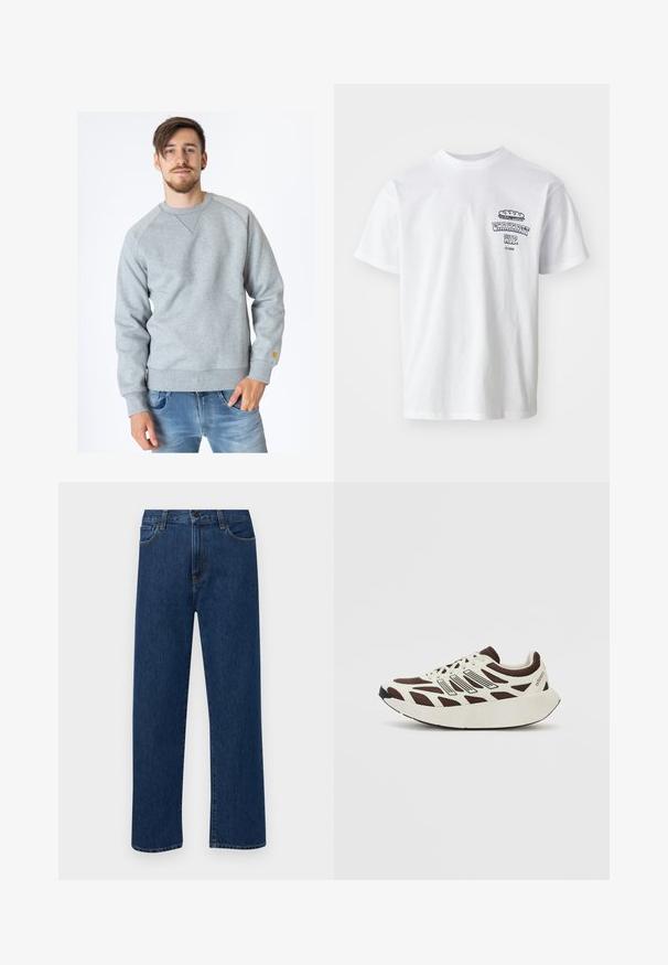 Carhartt WIP CHASE - Collegepaita - ash heather; Valkoinen puuvillainen t-paita, jossa on lyhyet hihat, pyöreä kaula-aukko ja graafinen printti, jossa on teksti "Carhartt WIP" ja ruokaillustratio rinnassa.; Tummansinisiä suoranlahkeisia farkkuja, joissa on etutaskut ja nappikiinnitys, esiteltynä yksinkertaisella valkoisella taustalla.; Ruskea ja kerma sneaker, jossa on verkko-yläosa, teksturoidut päällysteet ja pyöreä, paksu valkoinen pohja. Sisältää matalaprofiilisen kieli ja nyörit.