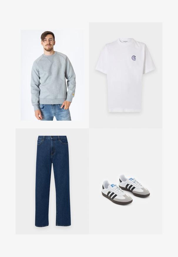 Carhartt WIP CHASE - Sweatshirt - ash heather; Hvit bomulls-T-skjorte med korte ermer, rund hals og en liten, brodert blå "C"-logo på venstre brystområde.; Mørkeblå rette jeans i denim med frontlommer og knappelukking, vist på en enkel hvit bakgrunn.; Sportssko med en hvit skinnoverdel, grå semsket tå og tre svarte striper. Har en blå logo på tungen og en teksturert gummisåle.
