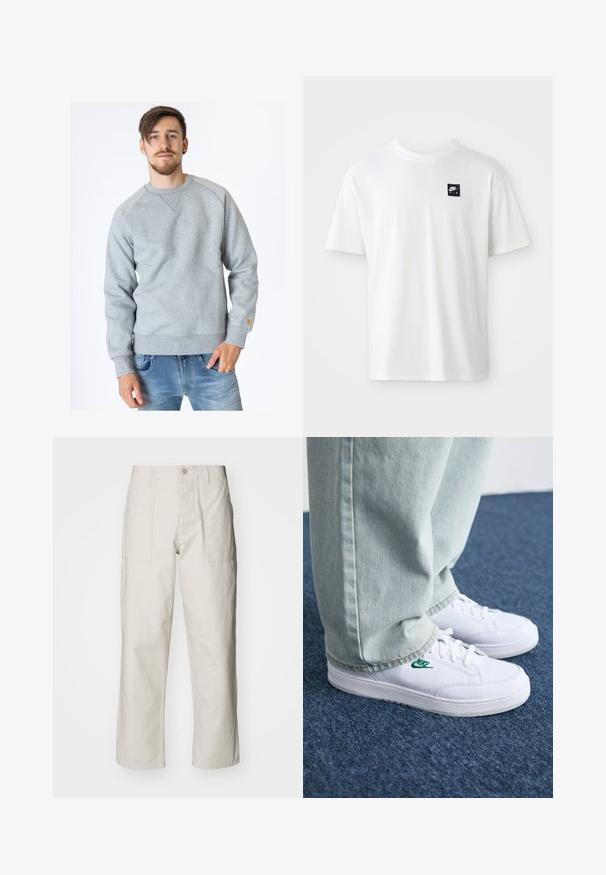Carhartt WIP CHASE - Sweatshirt - ash heather; White cotton t-shirt with short sleeves and a crew neck; features a small black rectangular Nike Air logo on the left chest.; Light beige wide-leg pants made of cotton. Features front pockets and a button closure. Smooth texture with subtle vertical lines.; White leather sneakers with green Nike logo, round toe, flat sole, paired with light blue denim pants, shown on a blue carpet.