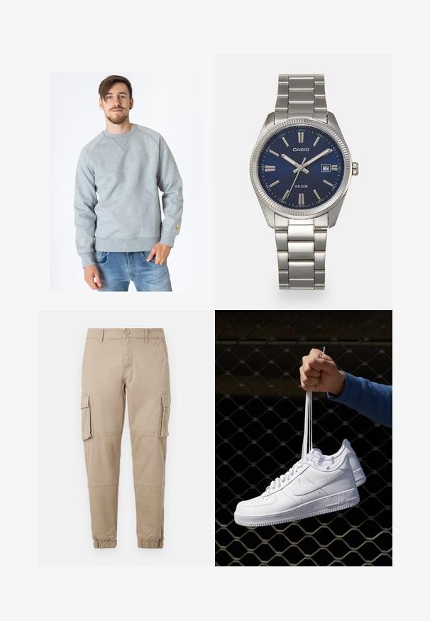 Carhartt WIP CHASE - Camisola - ash heather; Calças cargo bege em um material de algodão leve. Apresenta punhos elásticos, múltiplos bolsos laterais e um fecho de botão.; Sapatilhas de couro branco com perfurações, biqueira redonda, sola plana e atacadores grossos, apresentando um logotipo swoosh visível e "AIR" no calcanhar.; Relógio de pulso em aço inoxidável prateado com um mostrador azul-marinho, marcadores de horas metálicos e uma janela de data às 3 horas. À prova de água até 50 metros.