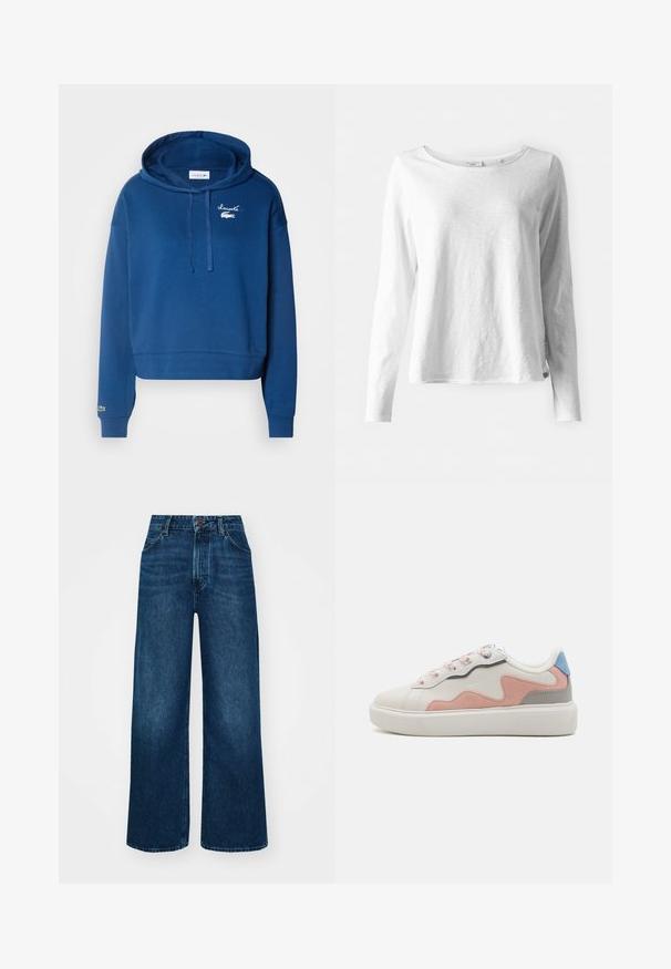 Marineblaue cropped Hoodie aus Baumwolle, mit Kängurutasche, Kapuze mit Zugband und besticktem Logo auf der Brust und dem Ärmel.; Langärmliges weißes T-Shirt aus weichem, leichtem Stoff; mit rundem Halsausschnitt und leicht lockerer Passform; Etikett an der Seite sichtbar.; Hochtaillierte, weit geschnittene Jeans in dunkelblauem Denim mit glatter Textur, Kontrastnähten und einem Fünf-Taschen-Design. Verschluss mit einem Frontknopf.; Niedrig geschnittene Sneakers mit einem weißen synthetischen Obermaterial, Akzenten aus rosa und grauem Wildleder, einer strukturierten weißen Gummisohle und bunten Schnürsenkeln.