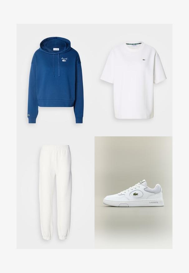 Navy blue cropped hoodie made of cotton, featuring a kangaroo pocket, drawstring hood, and embroidered logo on the chest and sleeve.; White short-sleeve Lacoste T-shirt with crew neck and small green crocodile logo on the left chest.; White sweatpants made of soft, knitted fabric. Elastic waistband and cuffs provide a relaxed fit. Minimalist design, no visible patterns or accents.; White leather sneaker with mesh accents, round toe, and flat laces. Features a green crocodile logo and "LACOSTE" branding on the heel.