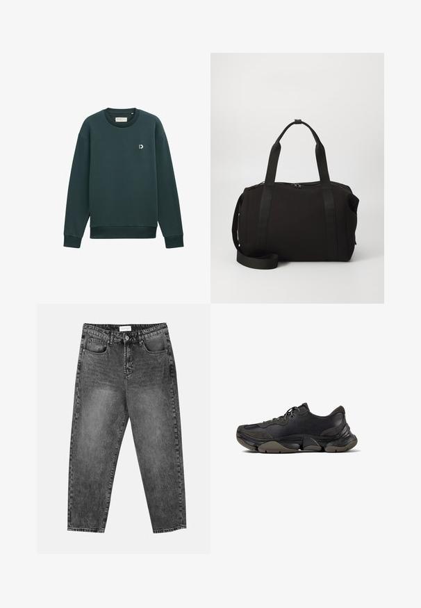 Zelená mikina vyrobená z hladké látky, s kulatým výstřihem, dlouhými rukávy a malým bílým logem na hrudi.; Černé prané rovné džíny s předními a zadními kapsami, poutky na opasek a knoflíkovým zapínáním v pase.; Černé sportovní tenisky s texturovanou podrážkou, svrchní část z kůže a semiše, polstrovaný límec a šněrovací zapínání, zobrazené v bočním profilu.; Černá dufflová taška s pevnými rukojeťmi a odnímatelným popruhem. Vyrobena z hladkého materiálu, disponuje zipovým uzávěrem a minimalistickým designem.