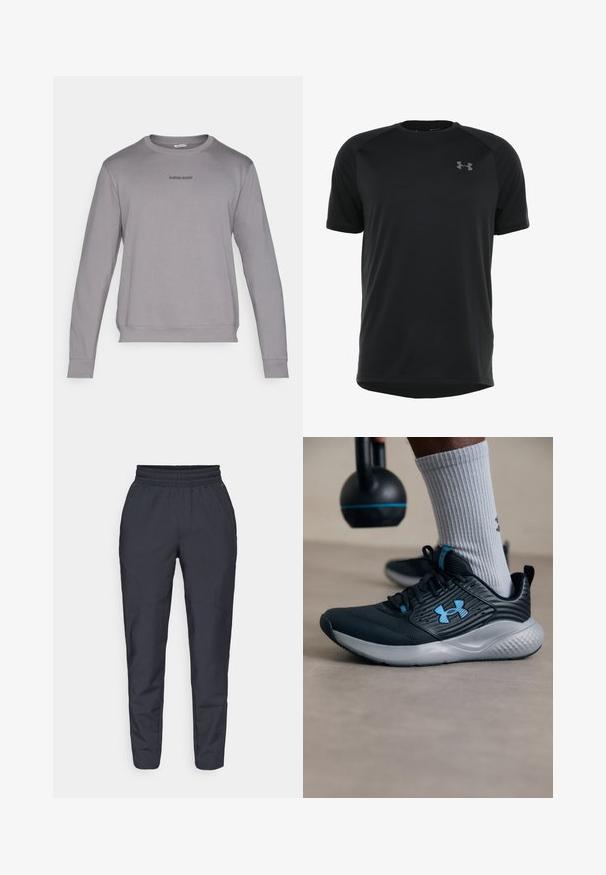 Sweatshirt cinza de manga longa com colarinho redondo, punhos e bainha canelados. Apresenta um pequeno logótipo "BJÖRN BORG" em cinza escuro no peito. Tecido macio.; Camisa atlética preta de manga curta feita de um tecido liso e leve. Apresenta um decote arredondado e um logótipo discreto no peito.; Calças ajustadas em azul-marinho fabricadas em tecido suave, com um cós elástico, bolsos laterais e uma textura lisa com detalhes de costura subtis.; Sapatilha atlética preta com detalhes em azul, parte superior texturizada e sola cinza. Usada com meias caneladas cinza, ao lado de um kettlebell preto.