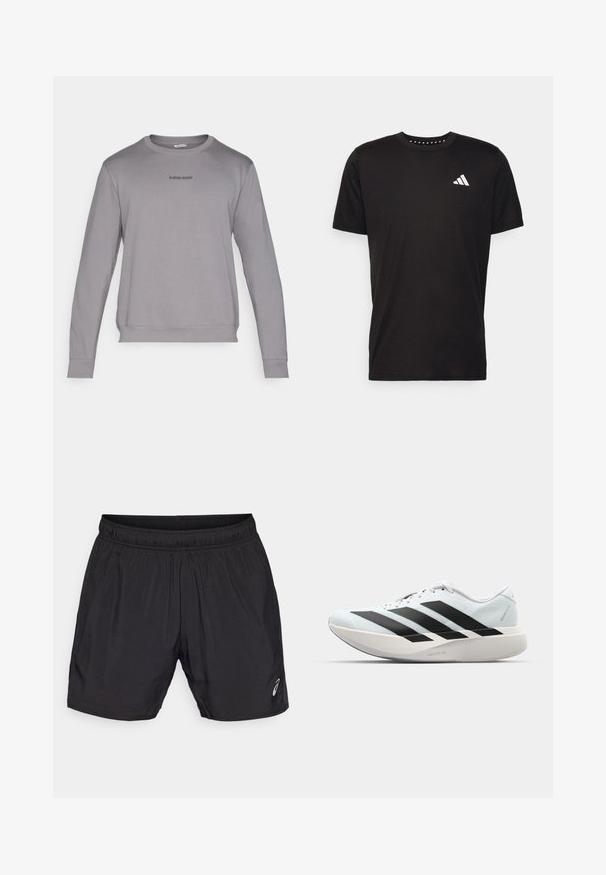 Sudadera gris de manga larga con cuello redondo, puños y dobladillo acanalados. Presenta un pequeño logotipo "BJÖRN BORG" en gris oscuro en el pecho. Tejido suave.; Camiseta de algodón negra con mangas cortas, cuello redondo y un logo blanco en el lado izquierdo del pecho. Textura suave y diseño sencillo.; Pantalones cortos deportivos negros hechos de material ligero, con una cinturilla elástica y un pequeño logotipo en el lado inferior izquierdo.; Zapatillas de running ligeras en azul pálido con rayas negras. Presentan una parte superior suave, puntera redonda y una gruesa mediasuela blanca etiquetada como "LIGHTSTRIKE PRO".