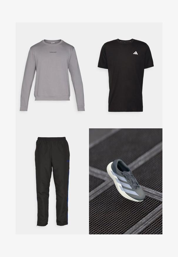 Sudadera gris de manga larga con cuello redondo, puños y dobladillo acanalados. Presenta un pequeño logotipo "BJÖRN BORG" en gris oscuro en el pecho. Tejido suave.; Camiseta de algodón negra con mangas cortas, cuello redondo y un logo blanco en el lado izquierdo del pecho. Textura suave y diseño sencillo.; Pantalones de chándal negros con franjas laterales azules, cinturilla elástica, textura suave y piernas ajustadas. Presenta un logo cerca de la cinturilla.; Zapatilla deportiva en gris y blanco, hecha de material sintético, con un diseño aerodinámico, acabado texturizado y un sistema de cordones prominente.