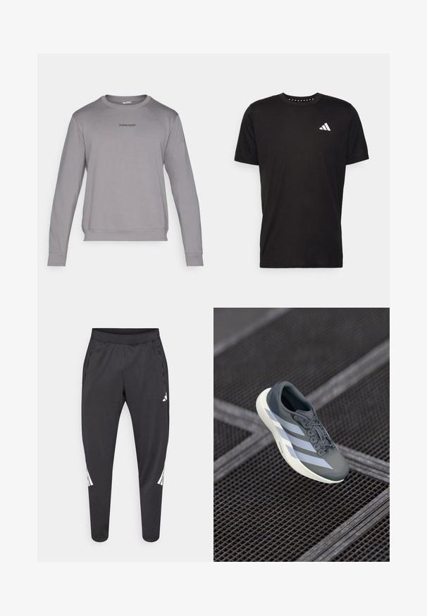 Sudadera gris de manga larga con cuello redondo, puños y dobladillo acanalados. Presenta un pequeño logotipo "BJÖRN BORG" en gris oscuro en el pecho. Tejido suave.; Camiseta de algodón negra con mangas cortas, cuello redondo y un logo blanco en el lado izquierdo del pecho. Textura suave y diseño sencillo.; Pantalones deportivos negros con piernas ajustadas, cintura elástica, bolsillos laterales y detalles en logo y rayas blancas. Hechos de un material suave y ligero.; Zapatilla deportiva en gris y blanco, hecha de material sintético, con un diseño aerodinámico, acabado texturizado y un sistema de cordones prominente.