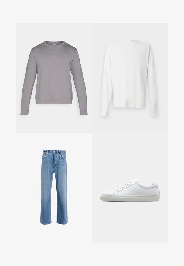 Sudadera gris de manga larga con cuello redondo, puños y dobladillo acanalados. Presenta un pequeño logotipo "BJÖRN BORG" en gris oscuro en el pecho. Tejido suave.; Camisa de algodón blanca de manga larga con cuello redondo, aberturas laterales en la parte inferior y una textura suave, exhibida desde la parte de atrás.; Jeans de mezclilla azul claro con un diseño de pierna recta, cinco bolsillos, cierre de botón, ligeramente desgastados y detalles de costura en contraste.; Zapatilla blanca con parte superior de cuero liso y perfil bajo. Presenta una puntera redondeada, seis ojales y una suela de goma texturizada.