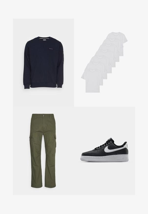 Pepe Jeans DEVON - Camisola - dulwich; T-shirts brancos de algodão, mangas curtas, design de gola redonda, com textura lisa, empilhados em fila, com uma marcação subtil na gola.; Calças cargo em verde oliva escuro, com múltiplos bolsos laterais, um corte reto e um tecido durável com um acabamento texturizado.; Sapatilha de pele preta com superfície texturizada, swoosh branco da Nike, sola cinza, bico redondo e design com atacadores. Apresenta perfurações na caixa dos dedos.