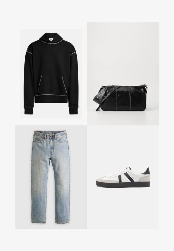 Felpa nera con cuciture bianche a vista, tasca frontale a marsupio e un'etichetta all'interno del cappuccio con la scritta "REBEL".; Jeans in denim azzurro chiaro con vita alta, bottone anteriore, cerniera e design a cinque tasche, adagiati su uno sfondo neutro.; Sneaker bianco con accenti neri e grigi, dotata di una punta grigia testurizzata, suola in gomma nera e lacci bianchi piatti. Design pulito, stile minimalista.; Borsa a spalla in pelle nera con chiusura a zip, caratterizzata da un corpo testurizzato, cuciture bianche e una tracolla con occhielli in argento.