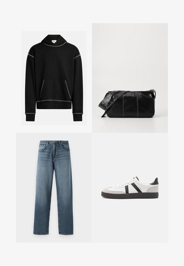 Černá mikina s kapucí a viditelným bílým švem, přední klokaní kapsa a štítek uvnitř kapuce s nápisem "REBEL."; Džíny s rovnými nohavicemi, modré jeansy s vybledlým vzhledem, s pěti kapsami, kovovým knoflíkem a poutky na opasek. Strukturovaná, středně těžká látka.; Bílé tenisky s černými a šedými akcenty, opatřené texturovaným šedým prstovým krytem, černou gumovou podrážkou a plochými bílými tkaničkami. Čistý design, minimalistický styl.; Černá kožená kabelka přes rameno se zapínáním na zip, s texturovaným tělem, bílým prošíváním a popruhem se stříbrnými očky.