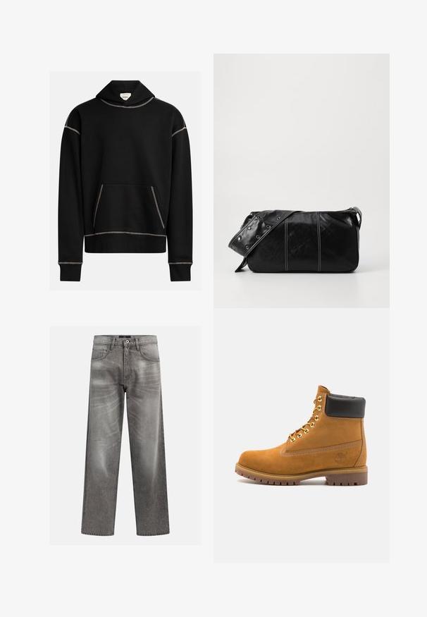 Sudadera negra con costuras blancas expuestas, bolsillo tipo canguro en la parte delantera y una etiqueta en el interior de la capucha que dice "REBELDE".; Vaqueros de mezclilla gris con un corte holgado, que presentan detalles de desgaste y decoloración, un clásico diseño de cinco bolsillos y un cierre de botón.; Botín de ante marrón claro con collar acolchado negro, ojales de metal dorado, detalles de costura blanca y suela de goma resistente con tacos pronunciados.; Bolso de hombro de cuero negro con cierre de cremallera, que presenta un cuerpo texturizado, costuras blancas y una correa con ojales plateados.