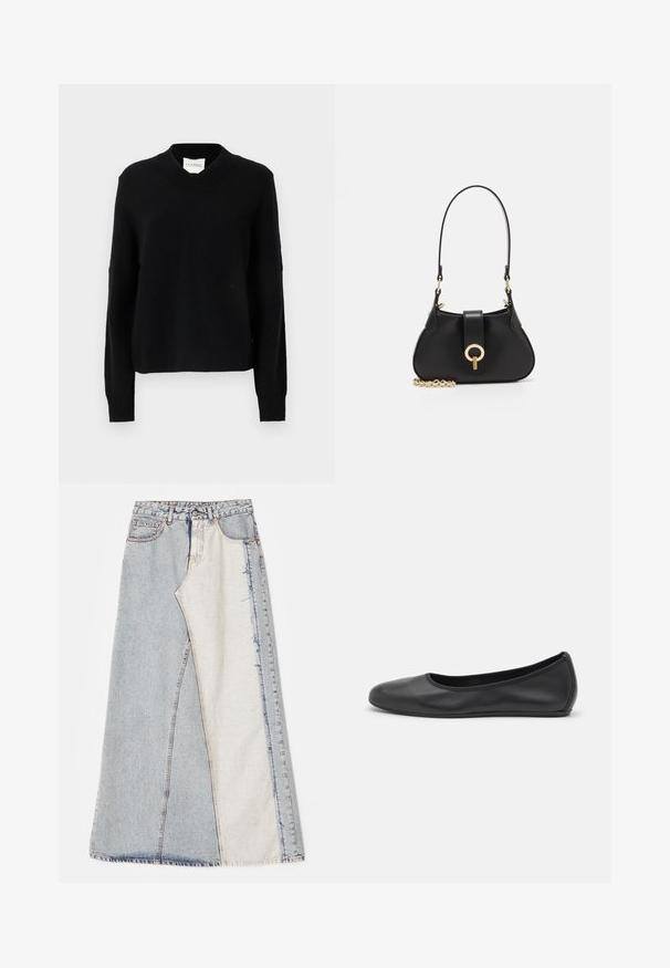 Mustasad must v-kaelusega sviiter, mis on valmistatud tekstuurses kudumisest, pikad varrukad ja ribaga mansetid, lõdva silueti ja logo sildiga kaelaaukus.; Denim seelik, millel on patšitud disain, kus on heledad ja keskmise sinise tooni sektsioonid, rebenenud servad ja kõrge vöökoht. Klassikaline viie taskuga stiil.; Musthave mustika tantsutossud mustast nahast, ümmarguse varbaga, siledast tekstuurist, minimaalse õmblusdetailiga ja paindliku tallakujundusega.; sandro JANET - Käekott - noir