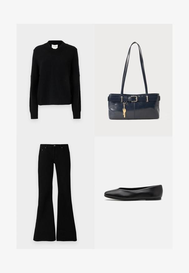 Schwarzer V-Ausschnitt-Pullover aus strukturiertem Strickstoff, mit langen Ärmeln und gerippten Bündchen, in entspannter Silhouette und Logopatch am Ausschnitt.; Schwarze Bootcut-Jeans aus Denim, die über ein klassisches Fünf-Taschen-Design, einen Knopfverschluss und dezente Nähte entlang der Säume verfügen.; Paul Smith TOPANGA - Klassischer Ballerina - black; Marineblaue Lederhandtasche mit zwei langen Griffen, einer Schnallen-Detailierung und einem daran befestigten Schlüsselanhänger. Besitzt eine glatte Textur und eine rechteckige Form.