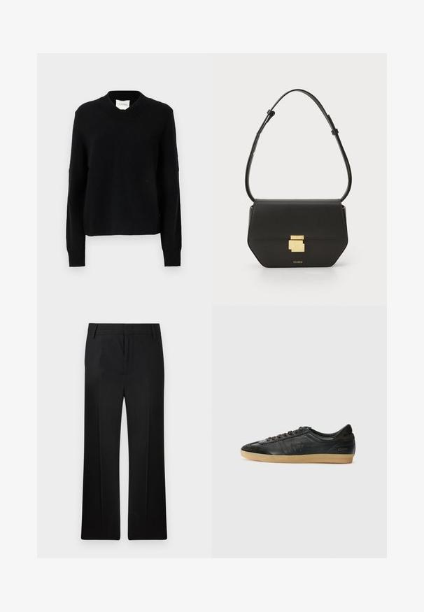 Juodas V formos megztinis, pagamintas iš tekstūruoto mezgimo audinio, su ilgomis rankovėmis ir įribotais manžetais, turintis laisvą siluetą ir logotipo etiketę kakle.; Juodi kelnės, tiesaus kirpimo, pagamintos iš lygaus audinio. Sukurta su subtiliomis priekinėmis raukšlėmis ir plokščiu liemeniu su diržo kilputėmis.; Juodų odinių sportbačių su zomšos akcentais, apvaliu pirštu, guminėmis padangomis, plokščiomis raišteliais ir siūlės detalėmis. Ant kulno yra prekės ženklo logotipas.; CLOSED CLOSED ONE - Rankinė per petį - black