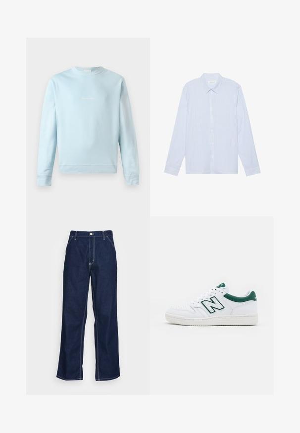 Světle modrý svetr vyrobený z měkké bavlny, s kulatým výstřihem, žebrovanými manžetami a malým, nenápadným logem vyšitým na přední straně.; Světle modrá pruhovaná košile s dlouhým rukávem a knoflíky. Obsahuje tradiční límec, bílé knoflíky a hladkou tkaninu z bavlněné směsi.; Tmavě modré džíny s volnými nohavicemi, vysokým pasem, předními kapsami a kontrastním bílým šitím podél švů.; Bílé tenisky s přízí v zelené barvě, kožený svršek, perforovaný špička, šněrování a texturovaná gumová podrážka. Vyznačují se výrazným logem "N".