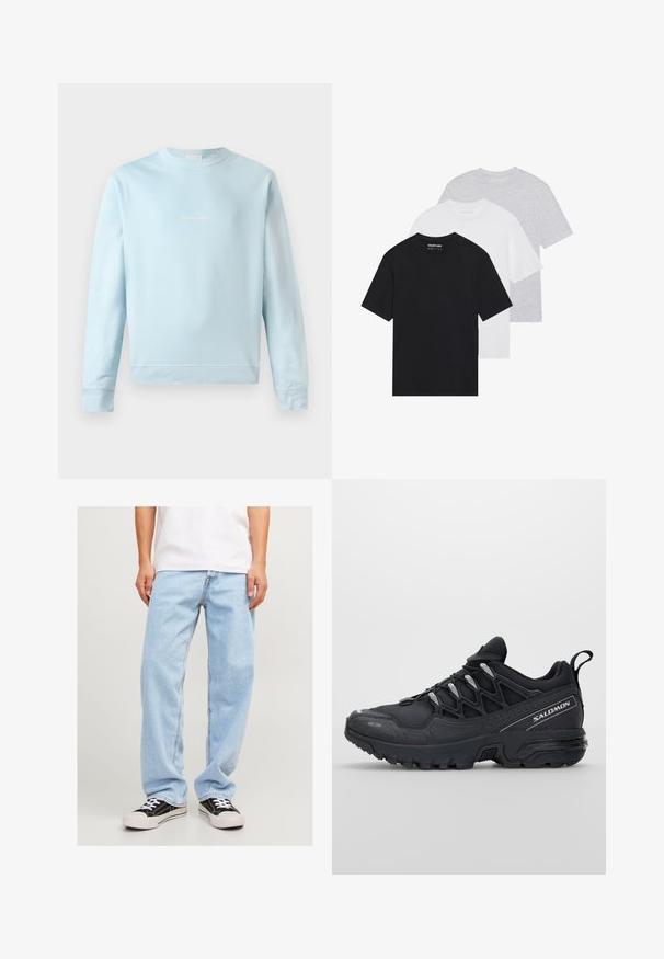 Svetlo modra majica iz mehkega bombaža, s krožnim izrezom, rebrastimi manšetami in majhnim, diskretnim logotipom, zaključenim spredaj.; Komplet treh osnovnih majic v črni, beli in svetlo sivi barvi. Kratki rokavi, okrogla izrezana vrata, narejene iz gladkega bombažnega materiala. Vidna blagovna znamka.; Svijetloplave traperice s opuštenim krojem, koje imaju ravne nogavice i standardnu šav, u kombinaciji s crnim tenisicama.; Črne športne čevlje z mrežasto zgornjšo plastjo, gumijastim podplatom in odbojnimi detajli. Imajo oblazinjen podplat in zasnovo z vezalnim zapiranjem.