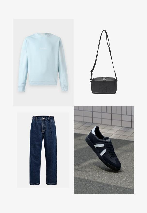 Light blue sweatshirt made of soft cotton, featuring a crew neckline, ribbed cuffs, and a small, subtle logo stitched on the front.; Dark blue denim jeans with a straight-leg design. Features visible stitching, a button closure, and front pleats for added detail.; Black leather sneaker with white stripes, textured rubber sole, and lace-up front. Features a branded label on the tongue.; Black leather crossbody bag with a zip closure, embossed logo on the front, and adjustable strap. Smooth texture with a rectangular shape.