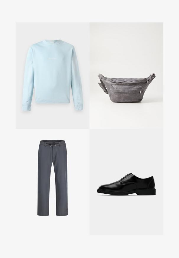 Light blue sweatshirt made of soft cotton, featuring a crew neckline, ribbed cuffs, and a small, subtle logo stitched on the front.; Gray, elastic waistband pants with a drawstring. Straight leg design, made from smooth fabric, feature minimal stitching and no visible hardware.; Black leather dress shoe with a smooth finish, rounded toe, lace-up design, and understated rubber sole for traction.; Gray suede fanny pack with a rounded shape, two zippered compartments, and adjustable strap. Features metal hardware accents.