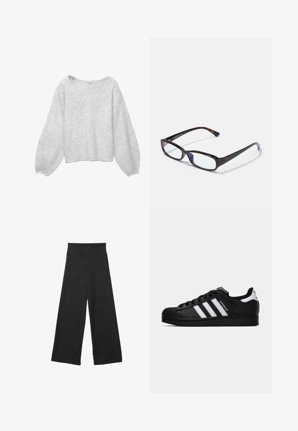 Pull gris clair, surdimensionné, en matériau doux, avec un col en V, des manches bouffantes et un ourlet court.; Pantalons larges noirs avec une taille élastique haute, en tissu doux et avec un ajustement loose, adaptés pour une tenue décontractée ou des environnements relaxants.; Baskets Adidas Superstar noires avec rayures blanches, bout en coque, et texte "Superstar" sur le côté, montrées en profil sur fond blanc.; Lunettes rectangulaires avec un motif écaille de tortue, monture en plastique noir et verres transparents. Présentent des branches fines et une légère courbure aux extrémités.; Sac hobo en suède beige doux avec une forme décontractée, une large bandoulière et un détail de couture à la main sur le devant.