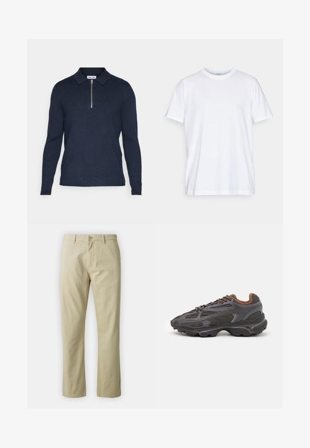 Navy blue long-sleeve polo shirt with a zippered collar, made of a textured knit fabric. Features a straight hem and fitted sleeves.; White cotton t-shirt with short sleeves, round crew neckline, and a relaxed fit. Features minimalistic design, no patterns or accents.; Beige cotton trousers with a straight-leg design, front button closure, and belt loops. Smooth texture, no visible patterns or accents.; Lacoste sneakers in dark gray with mesh and synthetic material, featuring a textured sole and brown accents on the collar and branding.