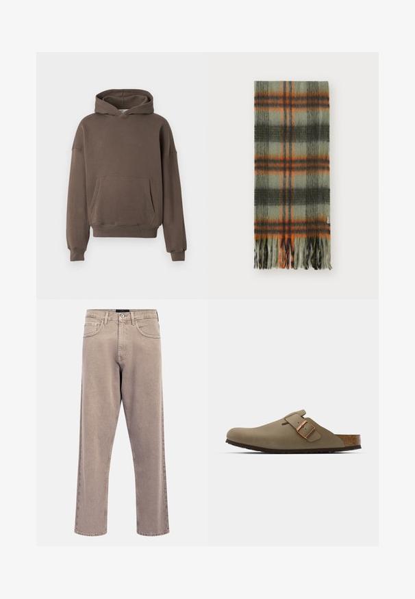 Ruda kila su priekinė kišene, laisvas kirpimas ir raišteliu reguliuojama kapisonas. Pagaminta iš minkštos medžiagos, su gipiūriniais rankogaliais ir juosmens juosta.; Šviesiai smėlio spalvos tiesios kojų džinsai su šiek tiek išblukusia tekstūra, penkių kišenių dizainu ir metaliniu mygtuko užsegimu. Išryškinti siuvimo detalės.; Rudos medvilniniai klumpės su lygiu, matinio paviršiaus apdaila. Yra išsiskiriantis bronzinis sagtis šone. Kamštinis padas ir gumos išorė užtikrina komfortą.; Žalias, tamsiai pilkas ir oranžinis langeliais šalikas. Pagamintas iš minkštos vilnos mišinio, turi ornamentines kraštus ir logotipo etiketę vienoje pusėje.