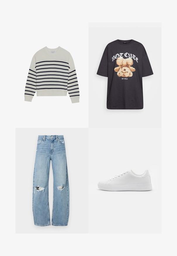 Pulover crem cu dungi orizontale bleumarin, textură canelată, gât tip echipaj și mâneci lungi. Croială relaxată cu un design scurt.; Tricou oversized negru featuring un grafic cu un urs și textul „NU E DRĂGUȚ DAR SUNT SĂLBATIC” în litere albe, îndrăznețe. Material din bumbac.; Jeans de denim, de un bleu deschis, cu talie înaltă. Au picioare late, două zone rupte la genunchi și un stil clasic cu cinci buzunare.; Adidași albi cu un superior sintetic neted, bot rotund, șase eyeleti pentru șireturi și o talpă din cauciuc de profil jos cu detalii texturate.