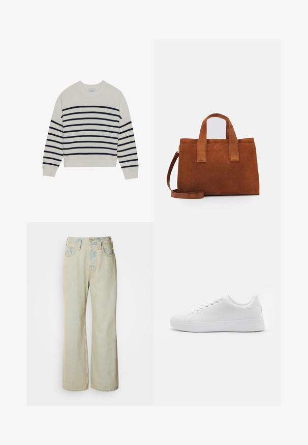 Pulover crem cu dungi orizontale bleumarin, textură canelată, gât tip echipaj și mâneci lungi. Croială relaxată cu un design scurt.; Jeans largi de culoare albastru deschis, confecționați din denim, cu talie înaltă, cinci buzunare și o ușoară decolorare, accentuată de cusături în contrast.; Adidași albi cu un superior sintetic neted, bot rotund, șase eyeleti pentru șireturi și o talpă din cauciuc de profil jos cu detalii texturate.; Geantă de mână din nubuc maro, cu două mânere superioare și o curea de umăr ajustabilă. Are o formă structurată și un design minimal.; Cercel din argint cu un finisaj polișat, având detalii mici din aur și o formă rotundă, purtat pe lobul urechii.