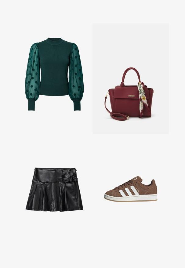 Groene geribde trui met een hoge halslijn en doorzichtige puffmouwen versierd met zwarte stippen. Een strakke zoom en boorden maken het ontwerp compleet.; Zwart leren rok met plooien, brede tailleband en twee gespaccents aan de zijkant. Glad textuur met een glanzende afwerking.; Bruine suède sneaker met witte leren strepen, rubberen zool, ronde neus en vetersluiting. Kenmerkt zich door een logo op de tong en geperforeerde accenten.; Bordeaux handtas van synthetisch materiaal met een gestructureerd ontwerp, voorzien van een afneembare schouderband en een met bloemenpatroon versierde sjaal die aan het handvat is geknoopt.