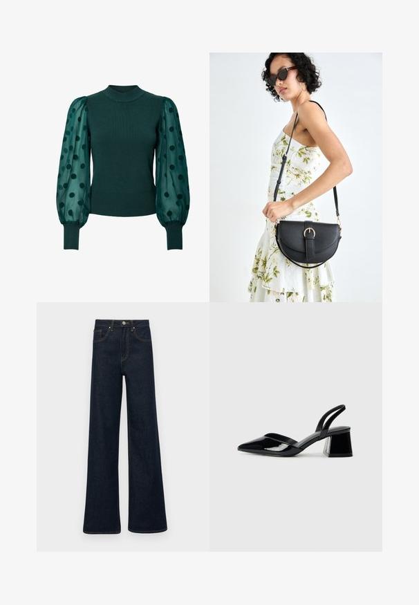 Maglione verde a coste con colletto alto e maniche a sbuffo trasparenti decorate con pois neri. L'orlo e i polsini aderenti completano il design.; Jeans in denim blu scuro a gamba larga con tasche frontali, passanti per cintura e chiusura con bottone.; Décolleté in vernice nera con punta affusolata e tacco in geometria cubica. Presentano un design elegante e minimalista, con una texture liscia.; Borsa a tracolla nera in pelle con una forma curva, manico rimovibile e accessori dorati. La borsa presenta una patta con un dettaglio a fibbia.