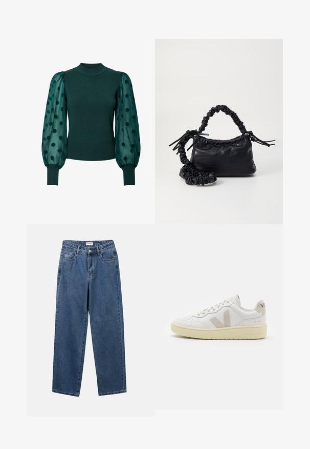 Grüner gerippter Pullover mit hohem Kragen und transparenten Puffärmeln, die mit schwarzen Pünktchen verziert sind. Der enganliegende Saum und die Bündchen runden das Design ab.; Klassische blaue Denim-Jeans mit geradem Bein, fünf Taschen und Knopfverschluss. Sie verfügen über eine mittelblau gewaschene Optik und sind aus robuster Textur.; Weiße Ledersneaker mit beigen Wildlederakzenten, perforierte Zehenbox, flache Schnürsenkel und eine strukturierte cremefarbene Sohle. Mit dezentem Branding an der Ferse.; Schwarze Handtasche aus Kunstleder mit Krokodilstruktur, gerafftem oberen Teil und einem geschoppten Tragegurt. Sie wirkt weich und kompakt im Design.