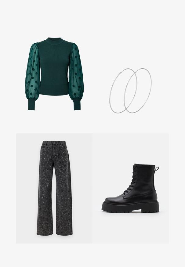 Grüner gerippter Pullover mit hohem Kragen und transparenten Puffärmeln, die mit schwarzen Pünktchen verziert sind. Der enganliegende Saum und die Bündchen runden das Design ab.; Noisy May NMJANNEL LOOSE - Jeans Relaxed Fit - black denim; Schwarze Lederstiefeletten mit runder Zehenpartie, Schnürung vorne und einer dicken Gummisohle mit strukturiertem Profil. Mit Zugschlaufe an der Rückseite.; Silberne Creolen mit minimalistischem Design. Rundform, glatte Oberfläche und dünnes Profil. Leichtgewichtig mit hochglänzender Oberfläche.