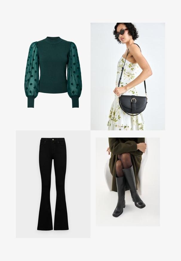 Green ribbed sweater with a high neckline and sheer puff sleeves adorned with black polka dots. Fitted hem and cuffs complete the design.; Black high-waist jeans with a button and zip closure, front pockets, and flared legs laid flat on a white background.; Knee-high black leather boots with a squared toe and block heel, shown with a model seated in an olive green coat. Smooth texture, minimal detailing.; Black leather handbag with a curved shape, detachable strap, and gold hardware. The bag features a flap with a buckle detail.; Silver double-band ring with a smooth, polished surface. Features a fluid, curved design with overlapping sections for a modern look.