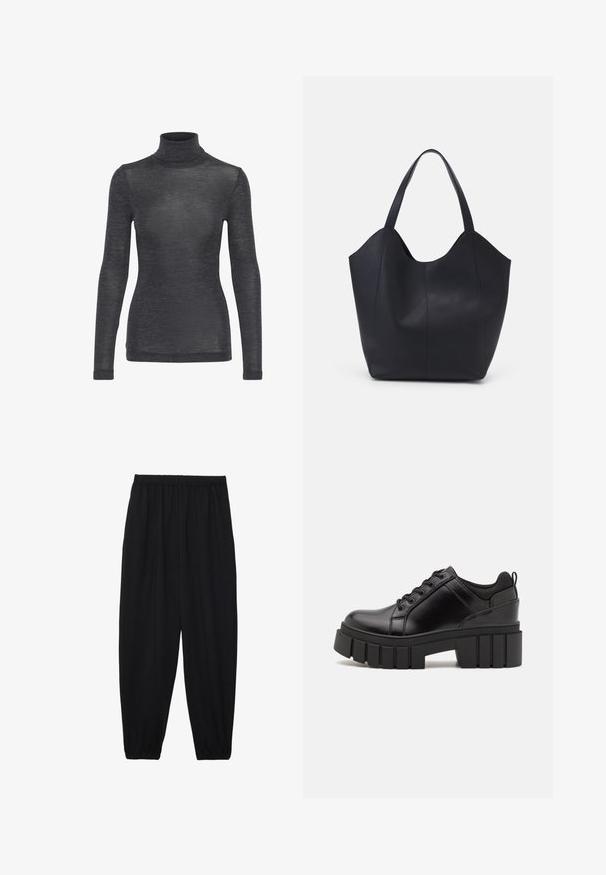 Hosszú ujjú garbó felső sötétszürke színben, sima textúrával, diszkrét fényességgel és testhez simuló szabással.; Fekete, könnyű nadrág elasztikus derékkal és ráncolt bokákkal. Az anyag sima és laza, szűkített dizájnnal rendelkezik.; Fekete bőr platform cipők vaskos blokk sarkakkal, kerek orral és hagyományos fűzős kialakítással. Simára csiszolt felület és minimális részletezés jellemzi.; Fekete tote táska sima bőrből, ívelt, nyitott tetővel és két vállpánttal, minimális dizájnnal.