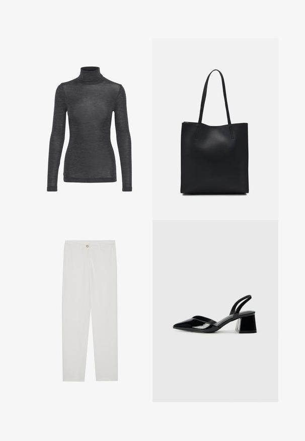 Ilgų rankovių turtleneko tipo marškiniai tamsiai pilkos spalvos, turintys lygią tekstūrą su subtiliu blizgesiu ir prigludusia siluetu.; Baltos, pritaikytos kelnės su tiesaus kirpimo dizainu, su sagčių uždarymu, dirželių kilpomis ir šoninėmis kišenėmis; lygus audinio tekstūros.; Juodos lakuotos odinės šlepetės su smailiu pirštu ir geometriniu bloko kulnu. Turi elegantišką, minimalistinį dizainą ir lygų paviršių.; Juodas odinis tote krepšys su lygia tekstūra, stačiakampio formos ir dviem ilgais rankenomis. Matomų metalinių detalių ar puošybos nėra.
