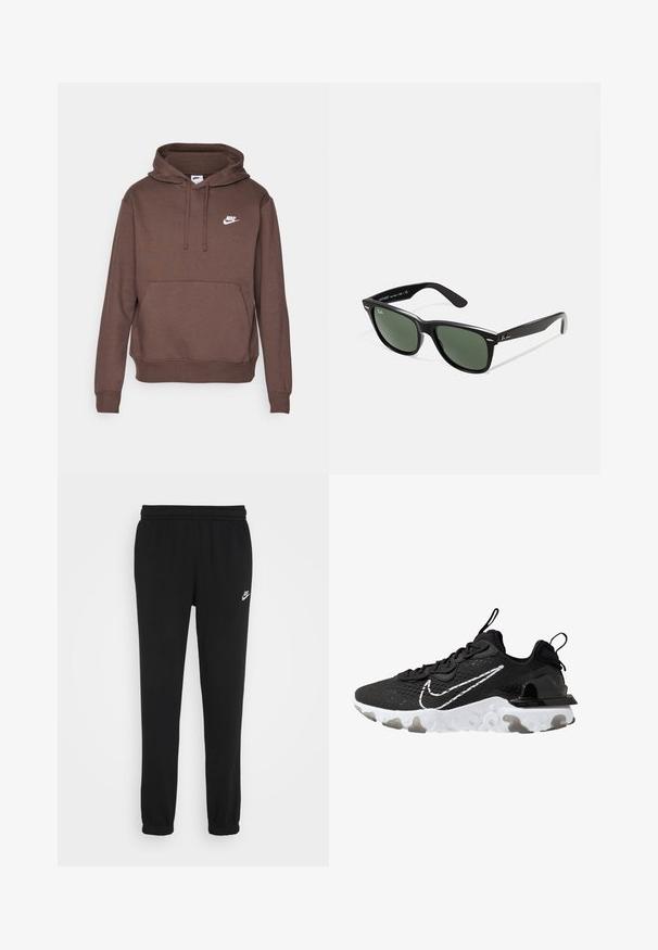 Nike Sportswear SPORTSWEAR CLUB FLEECE - Felpa con cappuccio - baroque brown/white; Pantaloni da jogger neri con vita elasticizzata, polsini alle caviglie e un piccolo logo Nike bianco sul lato sinistro. Realizzati in un morbido tessuto testurizzato.; Scarpa sportiva nera con tomaia in tessuto testurizzato, il logo Nike bianco e una suola spessa bianca. Presenta un occhiello sul tallone per indossarla facilmente.; Occhiali da sole in plastica nera con lenti verdi, montatura quadrata, dettaglio argento sulla parte superiore e steli con texture. Marchio indicato sulla parte interna dello stelo.