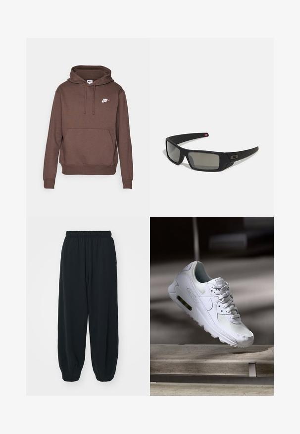 Nike Sportswear SPORTSWEAR CLUB FLEECE - Sweatshirt com capuz - baroque brown/white; Calças de fato de treino pretas, com cintura elástica e um corte solto, com punhos nas pernas, textura suave e sem padrões visíveis ou detalhes de metal.; Sapatilha Nike Air Max 90 branca com parte superior em malha e couro, caixa de dedos perfurada e uma unidade de ar visível no calcanhar.; Óculos de sol pretos com acabamento mate, lentes retangulares, leve curvatura nas hastes, detalhe sutil do logo e lentes de cor fumada.