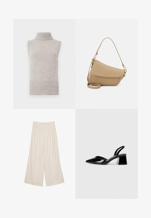 Ärmelloser beiger Strick-Turtleneck-Sweater mit geripptem Kragen, Armausschnitten und Saum vor einem weißen Hintergrund.; Leinen-Hose mit weitem Bein in einem hellbeigen Farbton, ausgestattet mit einem plissierten Design und einem elastischen Bund für Komfort und angenehmen Tragekomfort.; Schwarze Lackleder-Slingback-High Heels mit spitzem Schuh und einem geometrischen Blockabsatz. Verfügt über ein schlankes, minimalistisches Design und eine glatte Textur.; Even&Odd Handtasche - beige