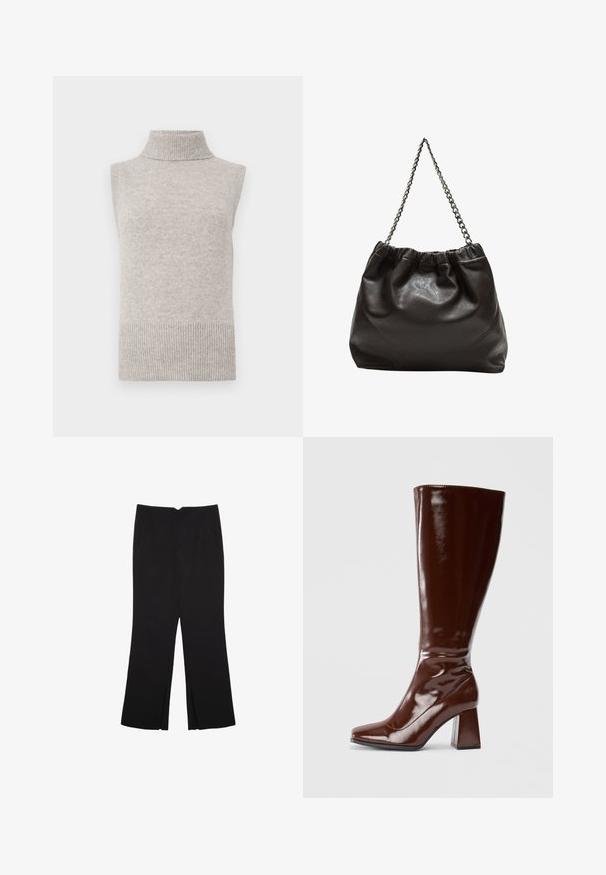 Hihaton beige neule takki, jossa on korkea kaulus, ja ribbireunat käsivarsilla sekä helmassa, valkoista taustaa vasten.; Mustat housut suoralinjaisella leikkauksella, joissa on etutaskut ja sivurei'ät helman alla. Valmistettu pehmeästä ja sileästä kankaasta. Sopii eri tilaisuuksiin.; Knee-high ruskeat patenttisaappaat, joissa on neliön muotoinen kärki, kiiltävä pinta ja tukevat paksut korot. Saumaton muotoilu ilman näkyvää metalliosaa.; Ruskea nahkainen laukku, jossa on kerätty yläosa ja ketjuhihna. Tasainen pinta, jossa kiiltävä viimeistely ja hienovaraiset sauman yksityiskohdat sivuilla.