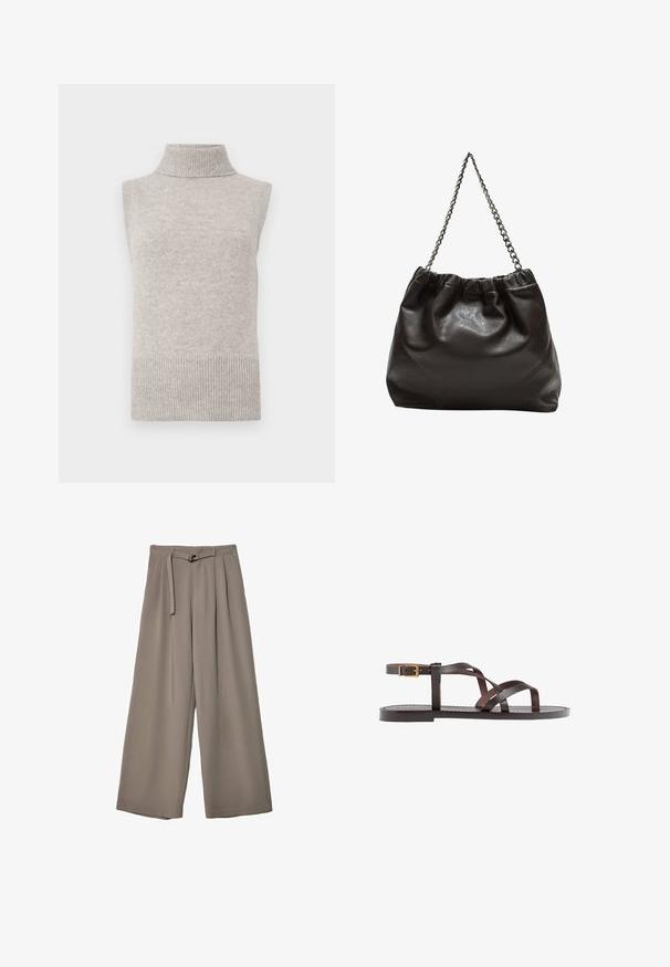 Beżowy, bezrękawnik z dzianiny z golfem, z prążkowanym kołnierzem, otworami na ramiona i dołem, na białym tle.; Spodnie o szerokich nogawkach w miękkim, stonowanym szarym materiale, z paskiem w talii i plisami dla dodania detali projektowych. Gładka tekstura, bez wzorów.; Brązowe skórzane sandały z krzyżującymi się paskami, zapięciem na klamrę przy kostce oraz płaską podeszwą z minimalnymi detalami szycia.; Brązowa skórzana torba z marszczonym szczytem i łańcuszkowym paskiem. Gładka tekstura z błyszczącym wykończeniem i subtelnymi detalami szwów po bokach.